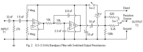 Schematic of Amplified Filter for use in Earphone Element Testing.