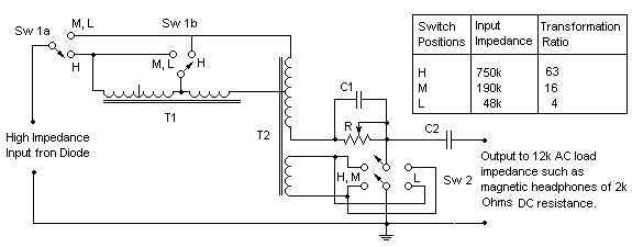 Schematic showing a switcheable two transformer array using PT-157's.